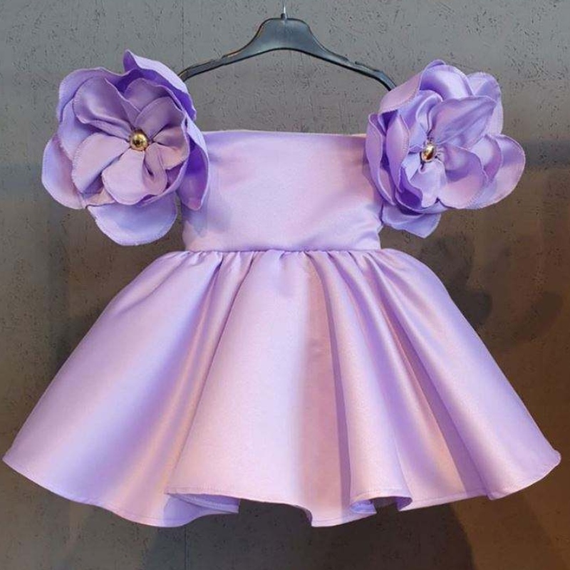 Baige Big Flower Kids Robe Pink Bridal Satin Party Baby Ball Ball Girls \\ 'Robes d'anniversaire avec un arc sur l'épaule