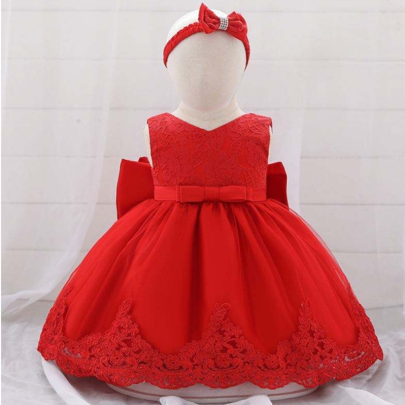 Baige Flower Girl Robe Baby Gown Princess avec bandeau en dentelle Red Bow Party Portez des robes d'anniversaire pour enfants