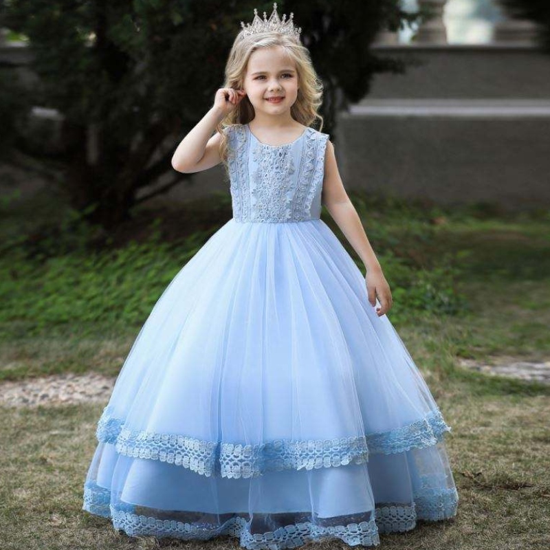 Baige White Kid Long Robe Princess Pageant Prom Ball Robes de mariage Fleur Fleur Fouilles Filles Robes