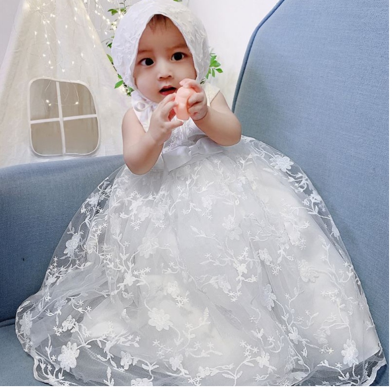 Baige Nouvelle fête robe fille blanche royal designnouveau-né bébé robes de baptême b-8873