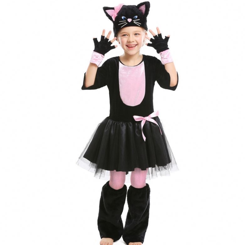 Girls Kitty Costume Halloween Dress Up Black Cat Costume for Kids 4-12y DGHC-069