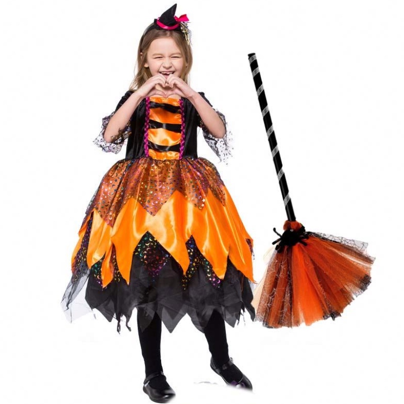 Halloween Fancy Party Robe tenue Orange Kids Witch Vêtements HCVM-018