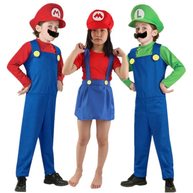 4-12y Child Super Mari Bros Cosplay Jumpsuit Suit Boy Girl Halloween Anime fantasy Romper Luigi Brothers Hobe Hat Costume