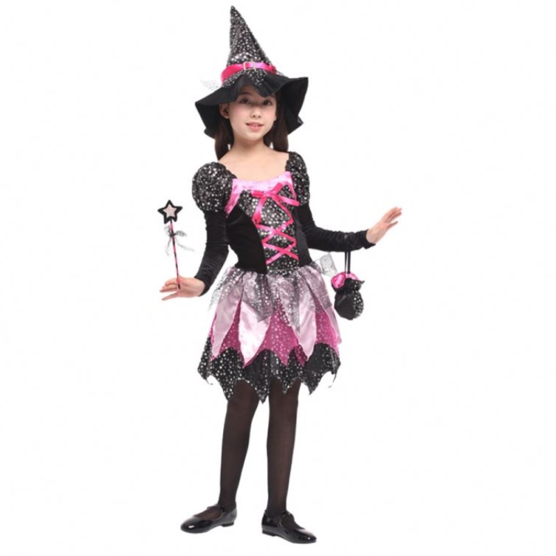 Kid Girls Wand Dress Up Clothes Halloween Witch Costume Sparkly Silver Stars Imprimé Cosplay Robe avec chapeau pointu