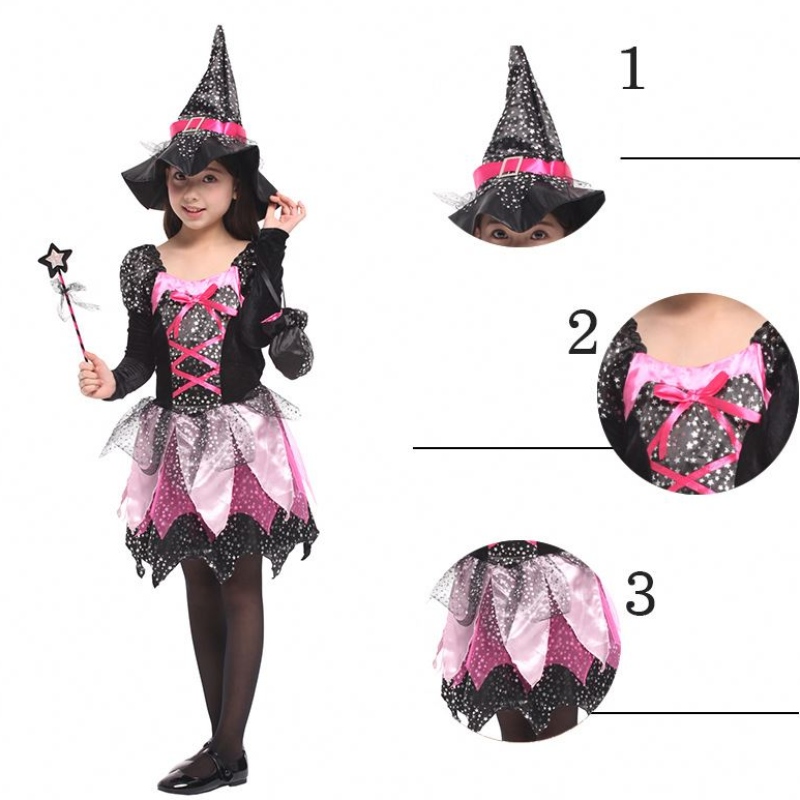 Kid Girls Wand Dress Up Clothes Halloween Witch Costume Sparkly Silver Stars Imprimé Cosplay Robe avec chapeau pointu