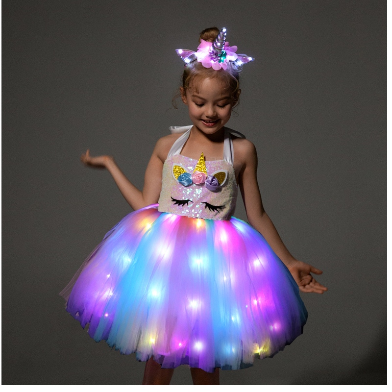 2022 Kids Girls Costumes de licorne mignonne avec robe LED Light Up pour Halloween Birthday Party Gift Sleeve Frock Enfants Vêtements