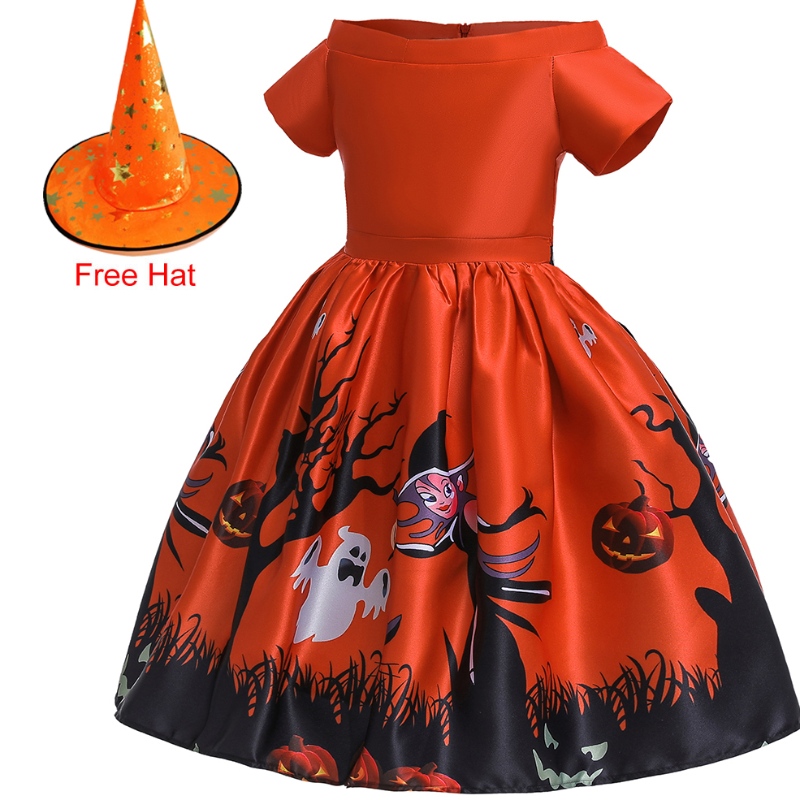 Amazon Halloween Kids Clothing cosplay bal Print dress show dress + Hat