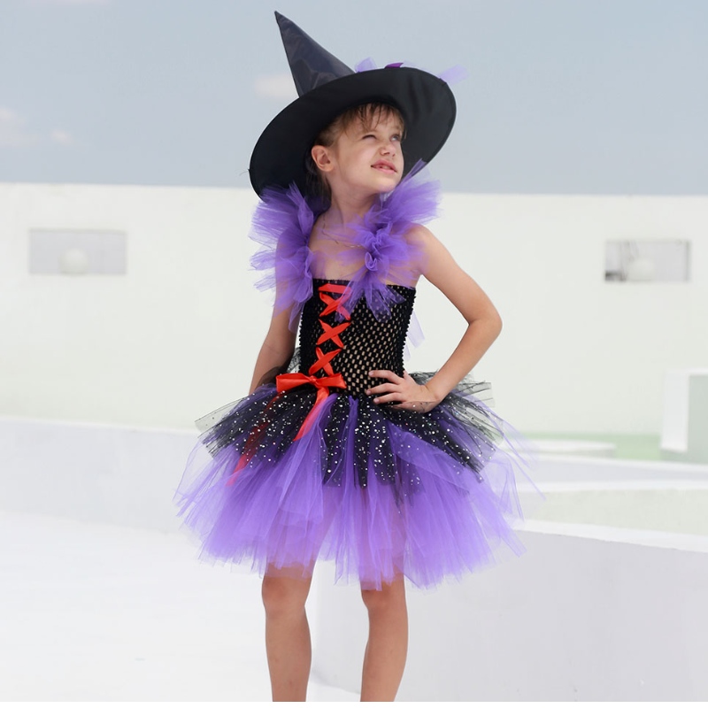 Amazon Costume de robe de sorcière tutu chaude pour filles avec des sorcières Halloween Carnival Party
