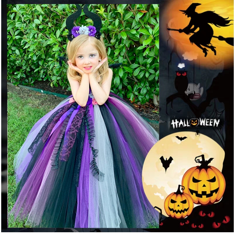 Amazon Hot Sell Girls Halloween Costume Vampire Witch Cosplay Pageant Party Tutu Robes