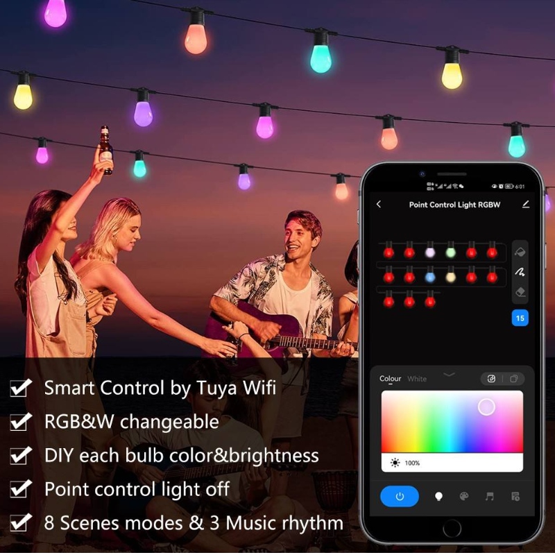 Lumières de chaîne de couleur intelligente, lumières de patio intelligentes de 48 pieds Smart RGBW LED LETH, application&Contrôle WiFi, fonctionne avec Alexa, les lumières de la chaîne de couleur avec des ampoules Dimmable 15 LED, IP65 imperméable