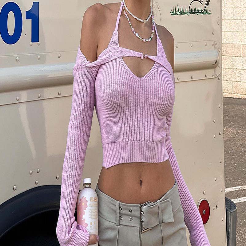Factory Custom 2023 Summer Pink V cou de cou de couchage irrégulier manches longues sexy mode courte tricot tricot.