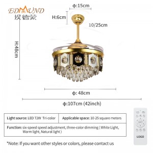 Ventilateur de plafond de lustre K013 avec lumière avec télécommande 42 pouces 3 Couleur avec enceinte de viol en cristal lustre