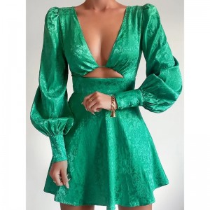 Vobe Jacquard Hollow Jacquard Lanterne Robe courte Spring Vintage Style A-Line Robe