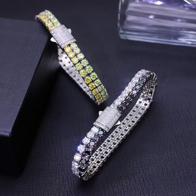 Bracelet de tennis en diamant à double carbone en acier inoxydable à double rangée