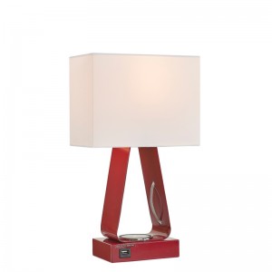 Petite lampe de bureau avec finition rouge, un port de chargement USB, une station de charge sans fil et un interrupteur à bascule sur/off à la salle d\'hôtes