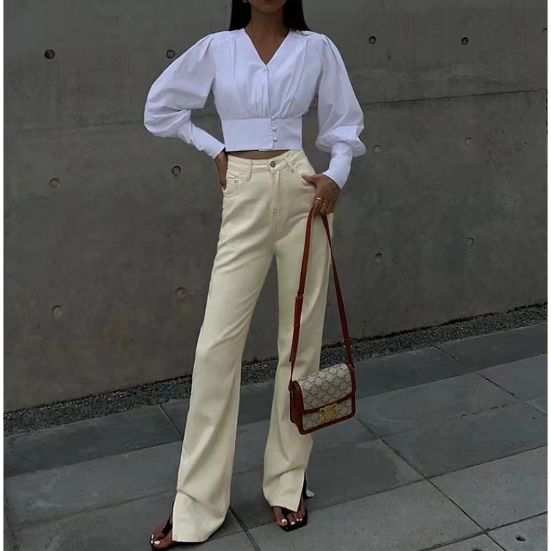 Chemise à manches longues en V blanc en V