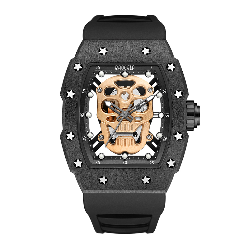 Baogela Skull Tonneau Watch Top Brand Quartz Watchs en acier inoxydable Imperméable Creative Clock Silicone Broupe de poignet Rose 4141