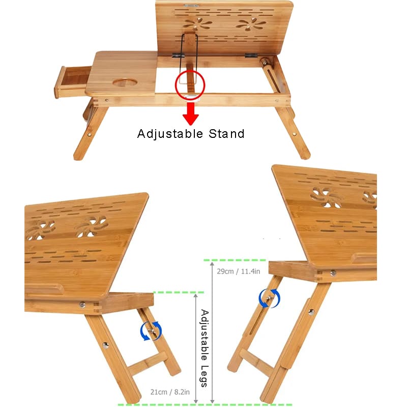 Grand plateau d'ordinateur portable en bambou pliable avec support de tasse de tiroir à jambes réglables en hauteur