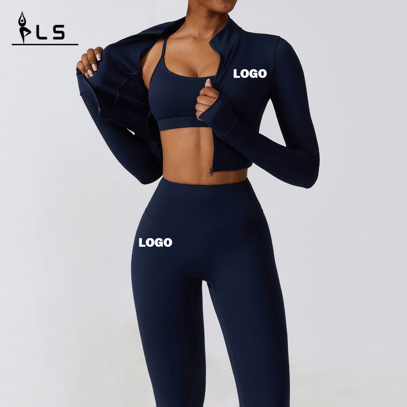 SC9281 3 pièces Jacket Sport Bra Leggings Yoga Suit Black Fitness Leggings Gym Wear Set Sets Gym Vêtements Zip Top Active Wear