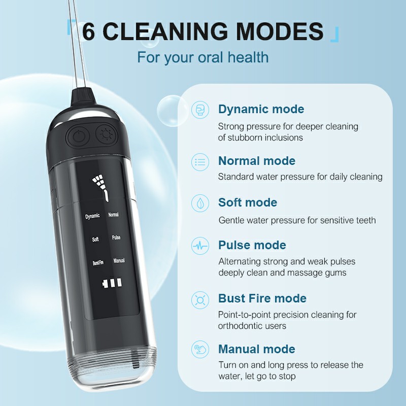 Irrigateur oral portable dentaire à eau dentaire Flusser IPX7 imperméable rechargeable 6 modes Nettoyer de dents 180 ml Jet d'eau dentaire