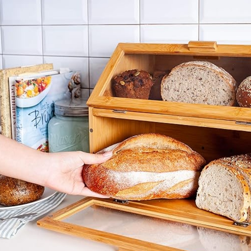 Boîte à pain en bambou pour comptoir de cuisine - Rangement de pain à double couche avec fenêtres claires - poubelle de pain de style ferme rustique