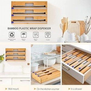 Dispensateur de 3 po avec un coupeur, une pellicule plastique, un papier d\'aluminium et un distributeur de papier ciré pour le tiroir de cuisine, un porte-organisateur en bambou, compatible avec 12 \\\\ \\\