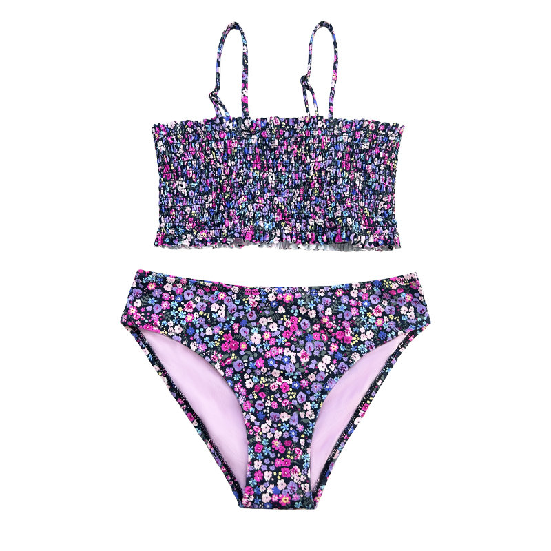 Swimsuit des enfants en deux pièces avec cordon de fleurs violettes.