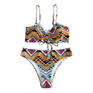 Bow plissé de style ethnique imprimé maillot de bain deux pièces