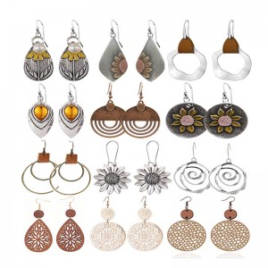 Hongde Boucles d\'oreilles rondes géométriques bohèmes vintage en bois et cuir de style ethnique vintage tournesol boucles d\'oreilles de Noël pour femme