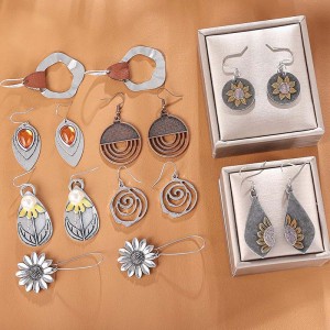 Hongde Boucles d\'oreilles rondes géométriques bohèmes vintage en bois et cuir de style ethnique vintage tournesol boucles d\'oreilles de Noël pour femme