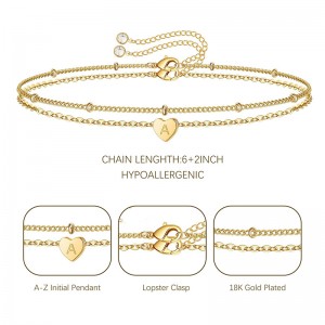 Bracelet Hongde Golden Heart Plaqué Or 18 Carats Lettre A-Z Initial Bracelet Coeur Bracelet Piles
