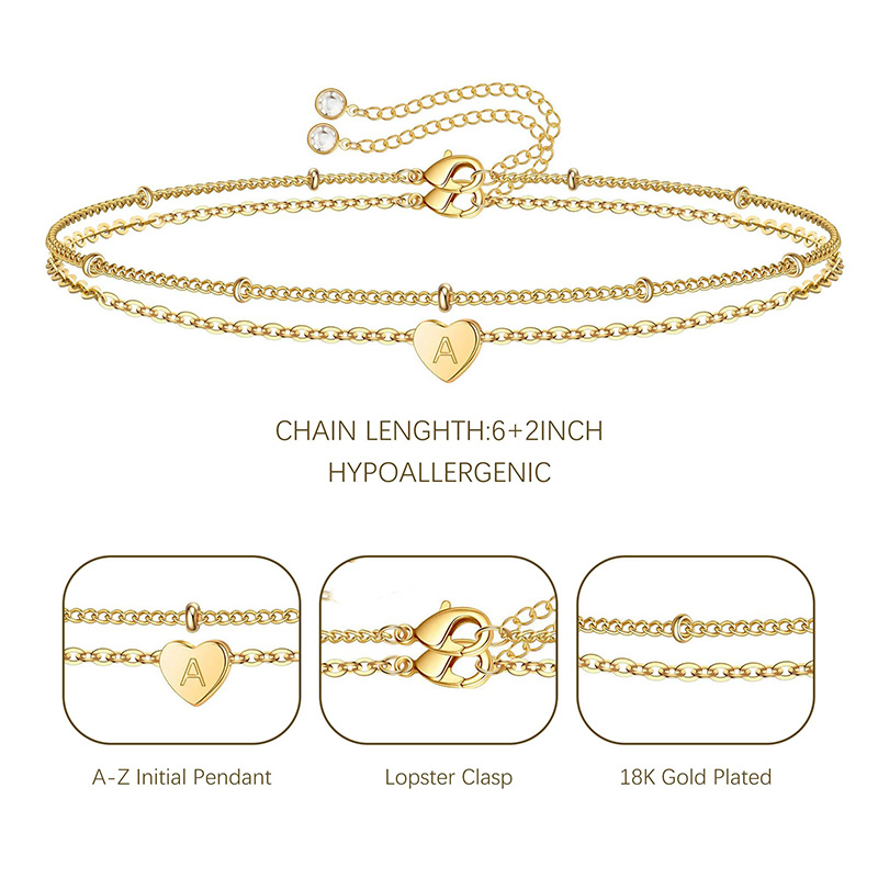 Bracelet Hongde Golden Heart Plaqué Or 18 Carats Lettre A-Z Initial Bracelet Coeur Bracelet Piles