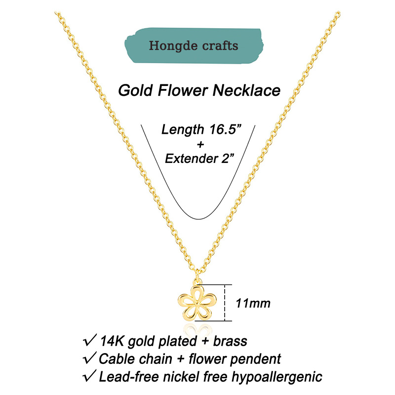 Collier Hongde Golden Bloom 2-------Collier plaqué or 14 carats pour femme - Fleur délicate, feuille, perle, arbre, abeille, soleil, barre, infini, étoile, flèche, larme, colliers pendentif papillon, bijoux simples