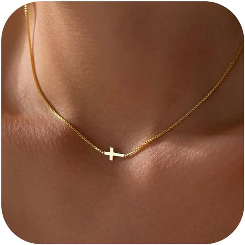 Collier croix pour femme plaqué or véritable 14 carats avec petit pendentif croix délicat ras du cou simple tendance mignon chaîne à breloques croix bijoux de foi cadeau minimaliste religieux