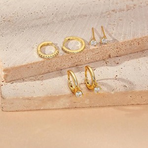 Ensemble de 3 paires de boucles d\'oreilles créoles en or : boucles d\'oreilles à tige délicates, petites boucles d\'oreilles créoles pendantes hypoallergéniques plaquées or 14 carats pour femmes, bijoux en or pour femmes et fille...