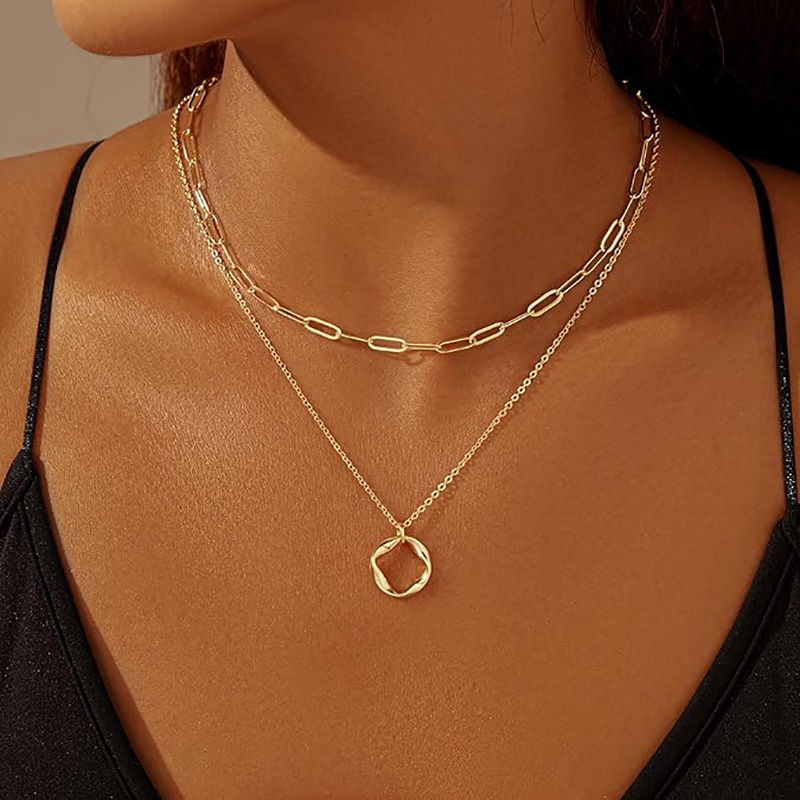 Double minimaliste-Collier superposé en or 4 carats plaqué argent avec pendentif en forme de trombone et chaîne ras du cou, ensemble de bijoux simples en or et diamant avecnœud croisé, cadeaux pour femmes