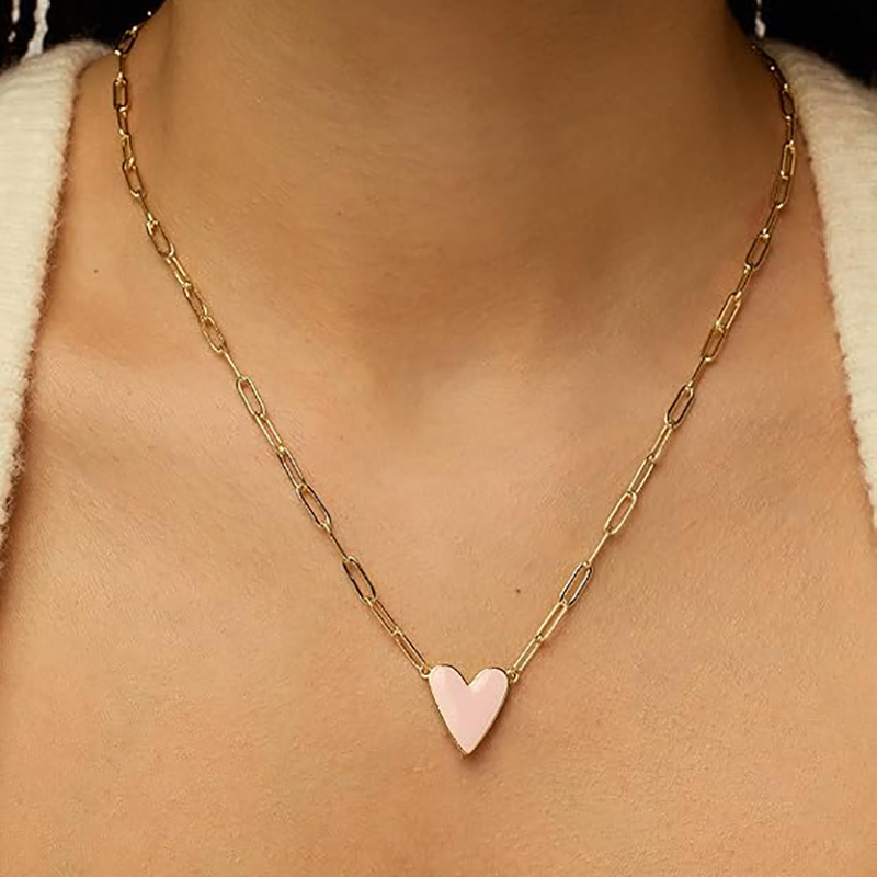 Collier pendentif en émail coeur plaqué or 14 carats pour femmes amour chaîne de trombone colliers bleu rose violet blanc pendentifs coeur en émail