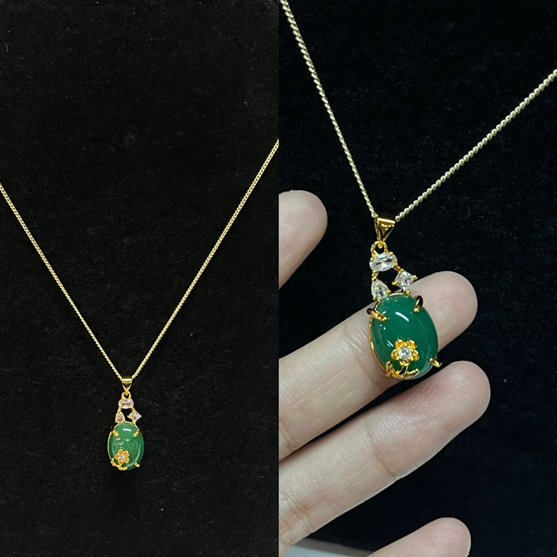 Collier de pendentif ovale de jade vert opulent avec accents de zircon blanc, or-Plate-forme, femmes élégantes\bijoux