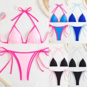 2025 Nouveau solide - Couleur des femmes\\C\'est sexy deux - couleur triangle de pièce - Block Bikini. Style européen et américain avec des liens, adapté à la plage et au printemps chaud QT25003 Prix:$79,99
