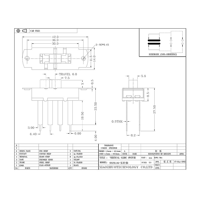 Interrupteur à bascule SS23L16 Pin long interrupteur à bascule Équipement médical équipement industriel Switch High Courant trois-Positionner l'interrupteur de glissement