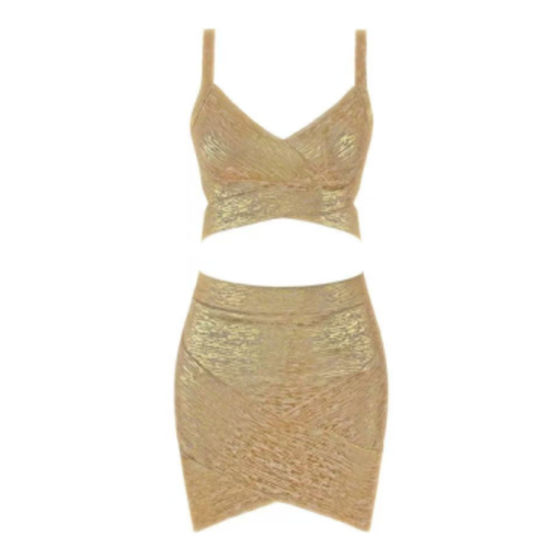 Camisole en tricot en or d'été, ensemble de jupe enveloppant de la hanche